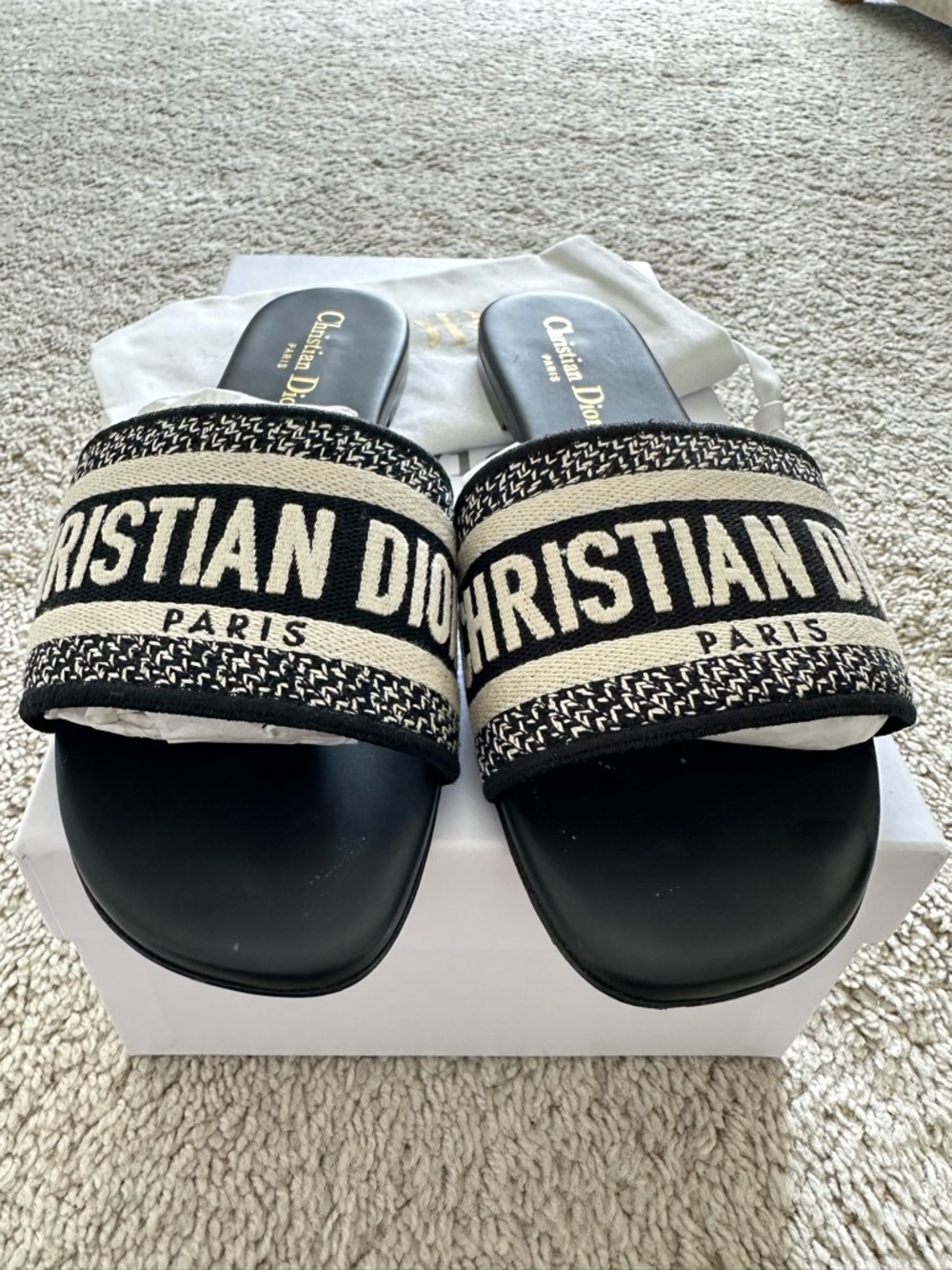 Dior Black and Cream 'Christian Dior Paris' Slide Sandals- Authentic